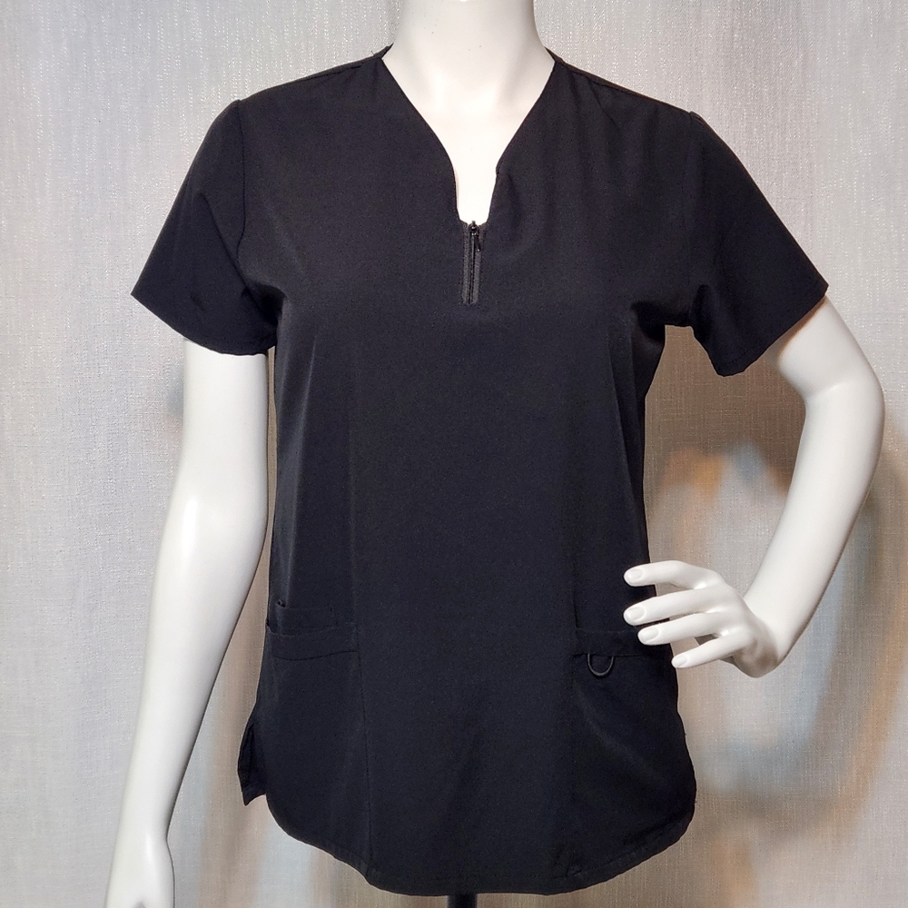 Divine Stretch Solid Black Scrubs Top Zipper Accents Scrub Top Medical Small